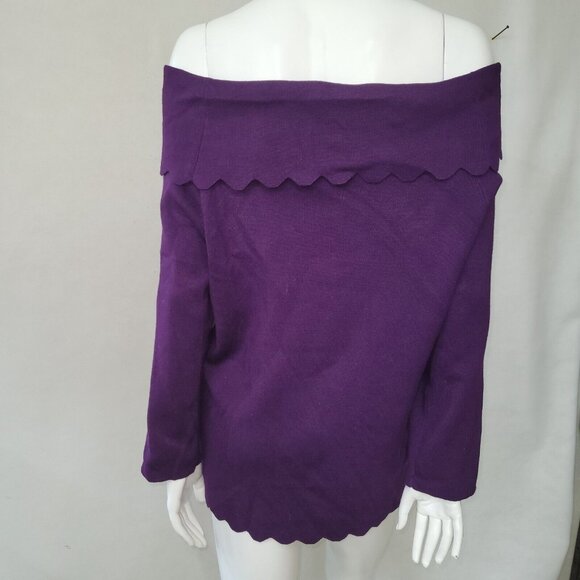 Cable & Gauge Sweater Women L Purple Off- Shoulder Wide Collar Scalloped Hem New - Picture 5 of 13